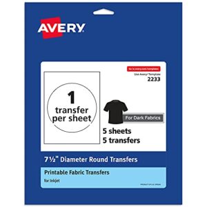 avery dark transfer paper for t-shirts, 7.5″ diameter pre die-cut iron-on circle transfers, print-to-the-edge, 5 sheets of heat transfer paper, 5 total (02233)