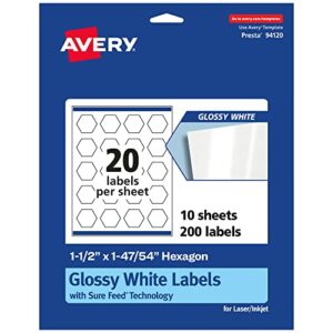 avery glossy white hexagon labels with sure feed, 1-1/2″ x 1-47/54″, 200 glossy white labels, print-to-the-edge, permanent label adhesive, laser/inkjet printable labels