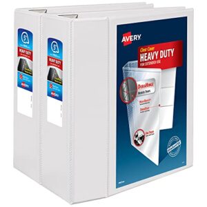 avery® heavy-duty view 3 ring binder, 5″ one touch ezd® rings, white, pack of 2 binders
