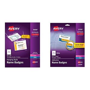 avery 74459 neck hang badge holder w/laser/inkjet insert, top load, 3h x 4w, white (box of 100) & avery flexible name tag stickers, white rectangle labels, 80 name badges, 2-1/3″ x 3-3/8″ (25395)