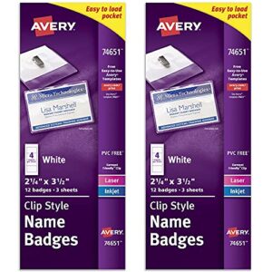 avery top-loading garment-friendly clip style name tags, 12 tags per pack, 2 packs, 24 total (74651)