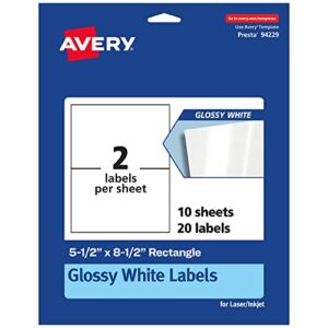 avery glossy white rectangle labels, 5.5″ x 8.5″, 20 glossy white labels, permanent label adhesive, laser/inkjet printable labels