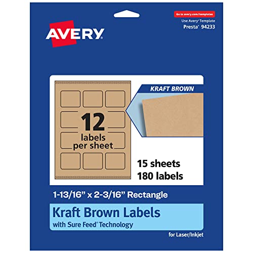 Avery Kraft Brown Rectangle Labels with Sure Feed, 1-13/16" x 2-3/16", 180 Kraft Brown Labels, Print-to-The-Edge, Laser/Inkjet Printable Labels