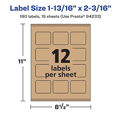 Avery Kraft Brown Rectangle Labels with Sure Feed, 1-13/16" x 2-3/16", 180 Kraft Brown Labels, Print-to-The-Edge, Laser/Inkjet Printable Labels