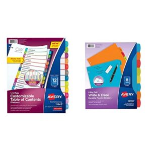 avery 12 tab dividers for 3 ring binders, customizable table of contents, multicolor tabs, 1 set (11843) & big tab write & erase durable plastic dividers