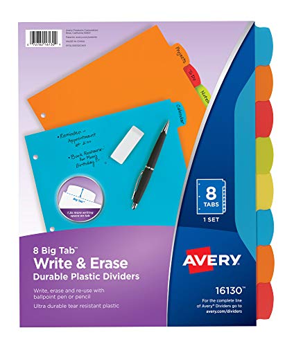 Avery 12 Tab Dividers for 3 Ring Binders, Customizable Table of Contents, Multicolor Tabs, 1 Set (11843) & Big Tab Write & Erase Durable Plastic Dividers