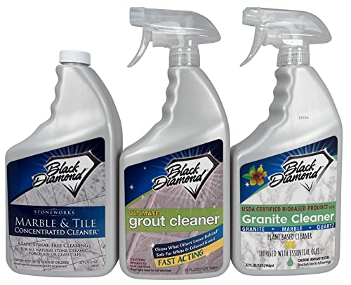 Black Diamond Stoneworks Marble & Tile Floor Cleaner 1-Quart AND ULTIMATE GROUT CLEANER 1-Quart AND Granite Counter Cleaner 1-Quart.