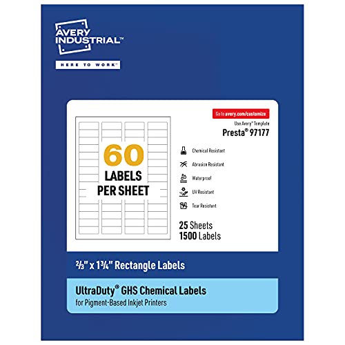 Avery UltraDuty GHS Labels, Waterproof, 2/3 x 1-3/4 Inch Rectangle Labels, Pack of 1500 White Labels for Use with Pigment Inkjet Printers