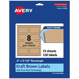 avery kraft brown rectangle labels with sure feed, 2″ x 3.5″, 120 kraft brown labels, print-to-the-edge, laser/inkjet printable labels