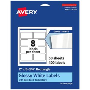 avery glossy white rectangle labels with sure feed, 2″ x 3.75″, 400 glossy white labels, print-to-the-edge, permanent label adhesive, laser/inkjet printable labels