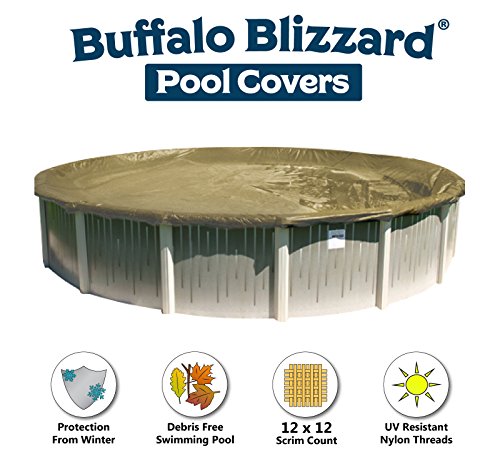 Buffalo Blizzard Supreme Plus Winter Cover for 30-Foot Round Above-Ground Swimming Pools | Tan/Silver Reversible | 4-Foot Additional Material | Wind Guard Clips Included