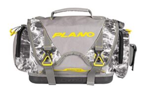 plano b-series 3600 mossy oak manta tackle bag, manta camo with yellow accents, includes 4 stowaway utility boxes, soft fishing tackle storage for offshore & onshore
