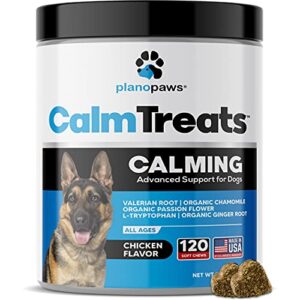 calm treats – safe calming treats for dogs – dog anxiety relief – natural calming aid – helps with separation anxiety – motion sickness – storms – fireworks – chewing – barking – stress – 120 count