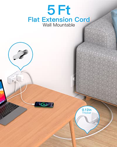 Flat Plug Power Strip, 5Ft Ultra Thin Flat Extension Cord with Multiple Outlets - 6 Outlet 3 USB Ports (1 USB C), Desktop Power Strip with No Surge Protection, Cruise Ship, Dorm Room Travel Essentials