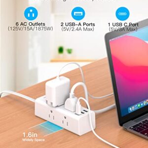 Flat Plug Power Strip, 5Ft Ultra Thin Flat Extension Cord with Multiple Outlets - 6 Outlet 3 USB Ports (1 USB C), Desktop Power Strip with No Surge Protection, Cruise Ship, Dorm Room Travel Essentials