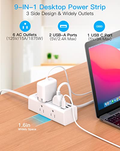 Flat Plug Power Strip, 5Ft Ultra Thin Flat Extension Cord with Multiple Outlets - 6 Outlet 3 USB Ports (1 USB C), Desktop Power Strip with No Surge Protection, Cruise Ship, Dorm Room Travel Essentials