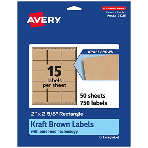 Avery Kraft Brown Rectangle Labels with Sure Feed, 2" x 2-5/8", 750 Kraft Brown Labels, Laser/Inkjet Printable Labels