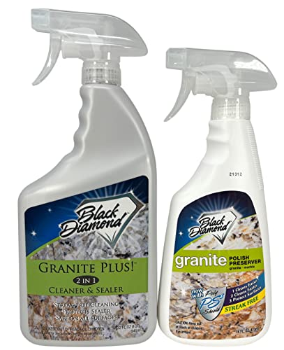 Black Diamond Stoneworks GRANITE PLUS! 2 in 1 Cleaner & Sealer for Granite, Marble, Travertine, Limestone, Ready to Use! (1-Quart) AND Granite Polish Preserver: Wax & Protectant – (1 Pint)