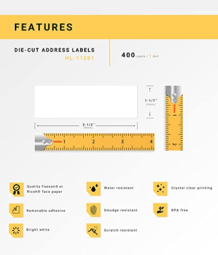 HOUSELABELS Compatible with DK-1201 Replacement Roll for Brother QL Label Printers; 400 Removable Adhesive Address Labels; 1-1/7" x 3-1/2" (29mm*90mm) with 1 Reusable Cartridge - 2 Rolls