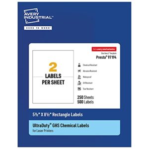 avery ultraduty ghs labels, waterproof, 5.5 x 8.5 inch rectangle printable labels, pack of 500 white labels for use with laser printers