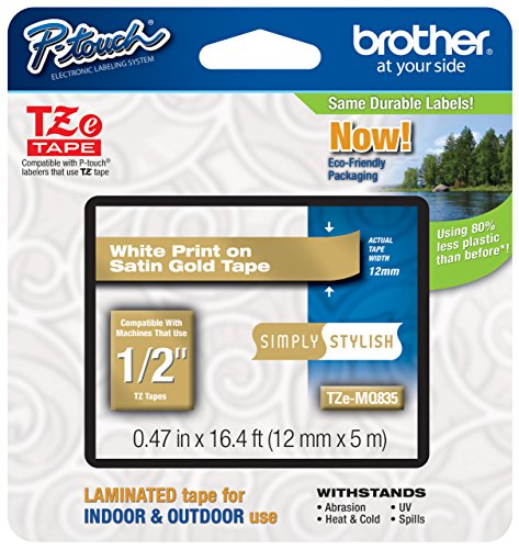 Genuine Brother 1/2" (12mm) White on Satin Gold TZe P-Touch Tape for Brother PT-1890, PT1890 Label Maker