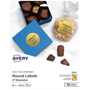 avery printable embossed foil round labels, 2″ diameter, gold, 96 customizable labels (22831)