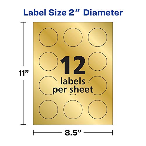 Avery Printable Embossed Foil Round Labels, 2" Diameter, Gold, 96 Customizable Labels (22831)