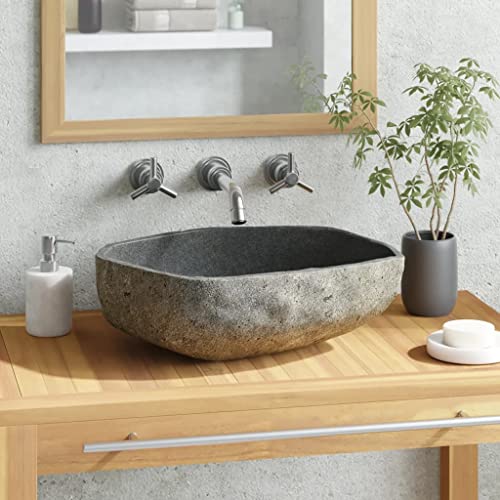 vidaXL Basin Home Indoor Decor Bathroom Washroom Powder Room Sink Wash Bowl Vanity Vessel Natural Stone Basin River Stone Oval 17.7"-20.9"