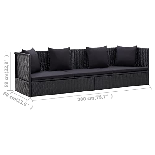 vidaXL Outdoor Sofa with Cushion and Pillow Poly Rattan Black