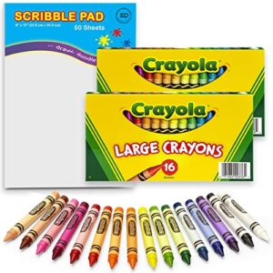 large crayons, 16 count assorted colors crayons, 2 pack jumbo crayons – ideal toddler crayons, fat crayons, thick crayons, big crayons + doodle pad for toddler coloring