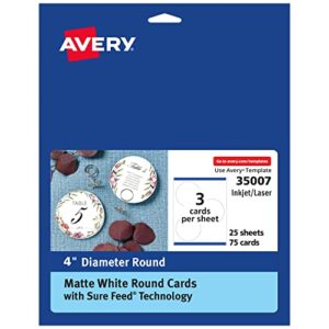 avery round cards with sure feed technology, 4″ diameter, matte white, 75 round cards total, print-to-the-edge, laser/inkjet printable cards (35007)
