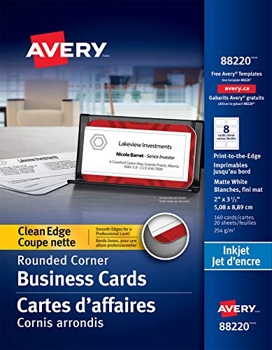 Avery Clean Edge Printable Business Cards with Sure Feed Technology, Rounded Corners, 2" x 3.5", White, 160 Blank Cards for Inkjet Printers (88220)