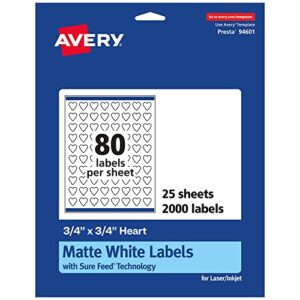 avery matte white heart labels with sure feed, .75″ x .75″, 2,000 matte white printable labels