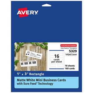 avery mini business cards with sure feed technology, 1″ x 3″, matte white, 160 small business cards total, print-to-the-edge, laser/inkjet printable cards (5329)