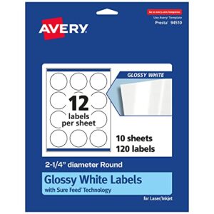 avery glossy white round labels with sure feed, 2.25″ diameter, 120 glossy white labels, print-to-the-edge, permanent label adhesive, laser/inkjet printable labels