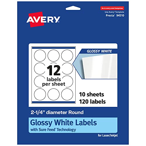 Avery Glossy White Round Labels with Sure Feed, 2.25" Diameter, 120 Glossy White Labels, Print-to-The-Edge, Permanent Label Adhesive, Laser/Inkjet Printable Labels