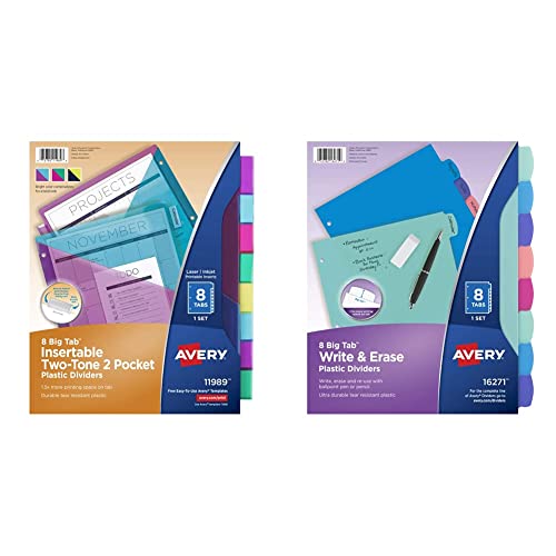 Avery Plastic 8-Tab Two-Tone Binder Dividers with Two Pockets, Insertable Bright Color Big Tabs, 1 Set (11989) & Plastic 8-Tab Write & Erase Big Tab Dividers for 3 Ring Binders, Pastel Brights (16271)