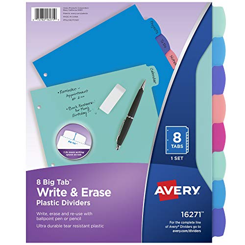 Avery Plastic 8-Tab Two-Tone Binder Dividers with Two Pockets, Insertable Bright Color Big Tabs, 1 Set (11989) & Plastic 8-Tab Write & Erase Big Tab Dividers for 3 Ring Binders, Pastel Brights (16271)