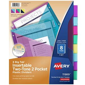 Avery Plastic 8-Tab Two-Tone Binder Dividers with Two Pockets, Insertable Bright Color Big Tabs, 1 Set (11989) & Plastic 8-Tab Write & Erase Big Tab Dividers for 3 Ring Binders, Pastel Brights (16271)