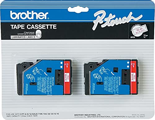 Brother Tc21 P-Touch Labeling Tape, 1/2-Inch W, Red Print On White Tape, 2/Pack