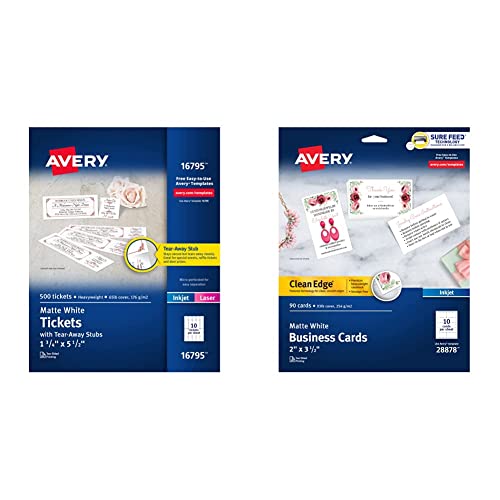 Avery Matte White Printable Tickets with Tear-Away Stubs, 1-3/4 x 5-1/2, Pack of 500 (16795) & Printable Business Cards, Inkjet Printers, 90 Cards, 2 x 3.5, Clean Edge, Heavyweight (28878)