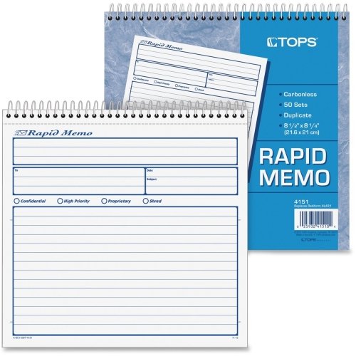 Tops Products 4151 Rapid Memo Book, Carbonless, 2-Part, 8-1/2-Inch X7-3/4-Inch