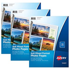 avery clear mixed format photo pages for 3 ring binder, acid free, holds 4” x 6” photos, 10 per pack, 3 packs, 30 photo protectors total (01670)
