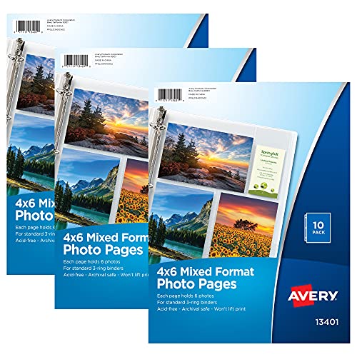 Avery Clear Mixed Format Photo Pages for 3 Ring Binder, Acid Free, Holds 4” x 6” Photos, 10 per Pack, 3 Packs, 30 Photo Protectors Total (01670)