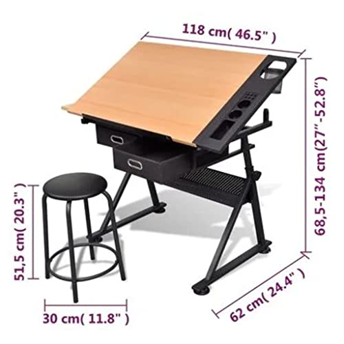 vidaXL Adjustable Drawing Table with Stool 2 Drawers Tiltable Iron Drafting Table Drawing Work Station Art Craft Student Office Desk