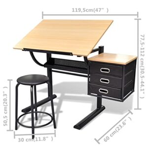 vidaXL Three Drawers Tiltable Tabletop Drawing Table with Stool