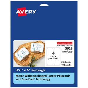 avery postcards with scalloped corners and sure feed technology, 3.5″ x 5″, matte white, 100 cards total, laser/inkjet printable cards (5626)