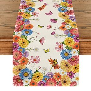 artoid mode bloom flowers daisy butterfly spring table runner, seasonal holiday kitchen dining table decoration for home party indoor 13×120 inch
