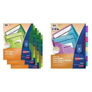 avery dividers for 3 ring binders, 8-tab binder dividers, multicolor, 3 sets (71907) & plastic 8-tab two-tone binder dividers with two pockets, insertable bright color big tabs, 1 set (11989)