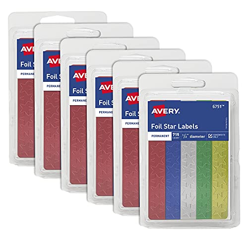 Avery Foil Star Stickers for Kids, .5" Diameter, Permanent, Assorted Colors, 6-Pack, 4,290 Stickers Total (46751)